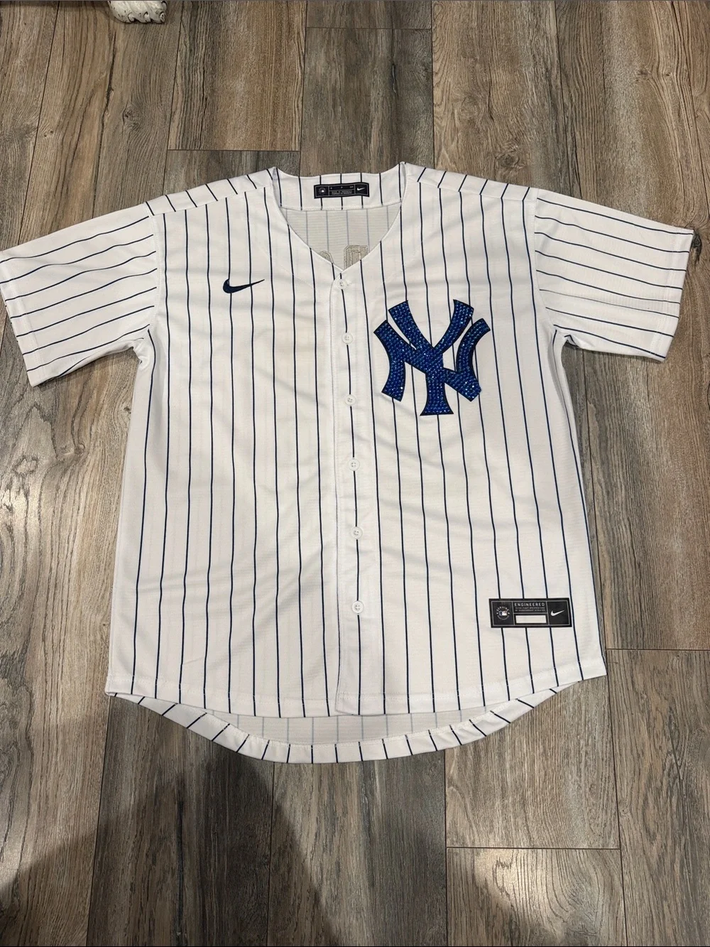 Nike White Pinstripe Yankees Jersey Custom with Blue Rhinestone Logo #99 #Rare